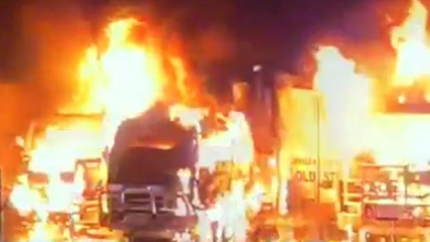 Article image for Five trucks destroyed in suspicious blaze at Braeside