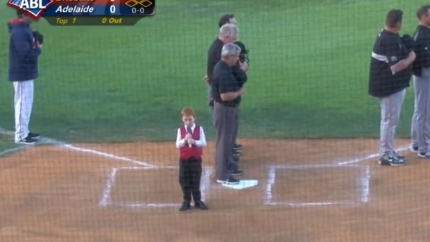 Article image for Young boy, Ethan Hall, struck down by hiccups while singing national anthem at baseball game