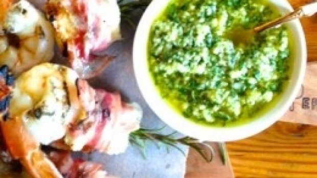 Article image for Recipe: Tobie Puttock’s BBQ Prawn, Ciabatta and Pancetta Skewers with Salsa Dragoncello