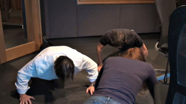 Article image for Ghost stars Rob Mills and Jemma Rix take on Tony Tardio in a push-up challenge