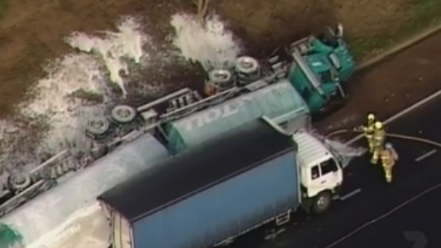 Article image for Man killed, several others hurt, as petrol tanker flips in nightmare crash on Calder Freeway