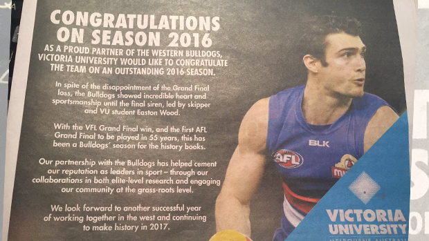 Article image for The Age says sorry for Victoria University advertising blunder involving the Western Bulldogs