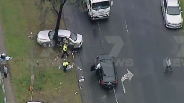 Article image for Man on the run after hitting police car and smashing into tree