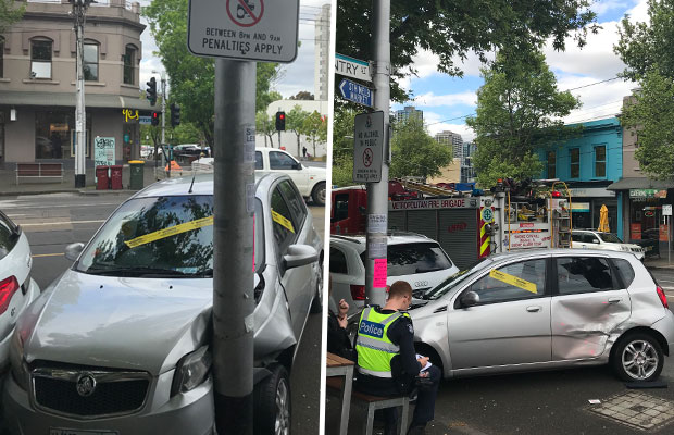 Article image for Car slams into pole, narrowly missing South Melbourne pub