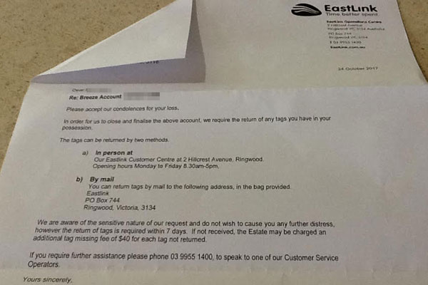 Article image for Widow ‘perplexed’ over Eastlink letter to send in e-TAG or cop a $40 fine