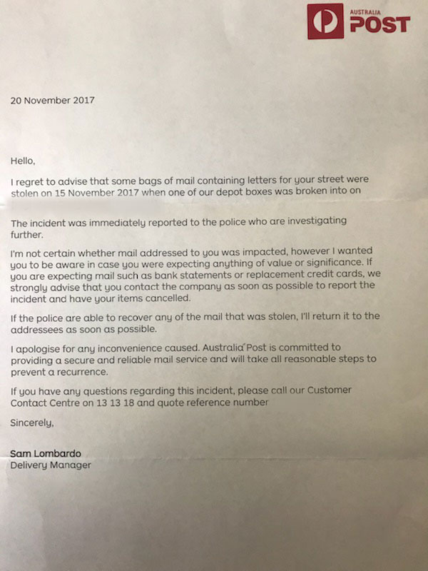 Australia Post investigating stolen letters