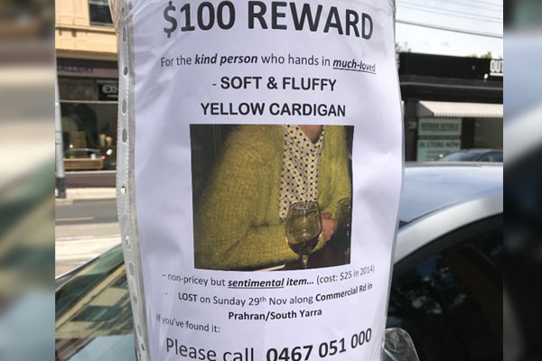 Article image for $100 reward for beloved ‘soft, fluffy cardigan’ lost in Prahran