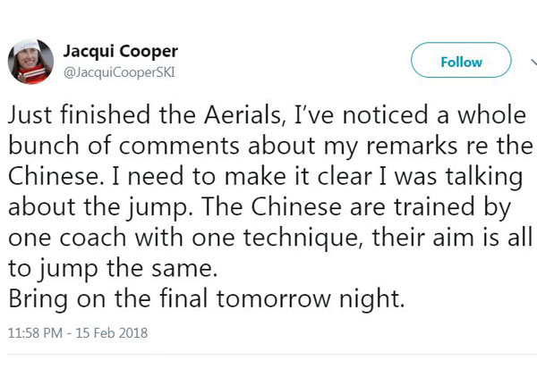 Article image for Jacqui Cooper responds to criticism after comments on the Chinese aerial skiers