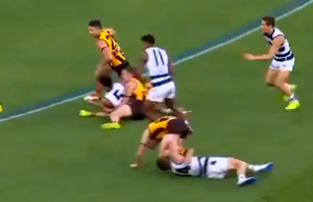 Article image for Hawk suspended over knee on Joel Selwood