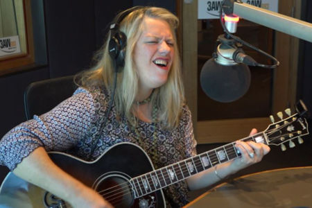 Rebecca Barnard performs ‘Slip slidin’ away’ in the studio