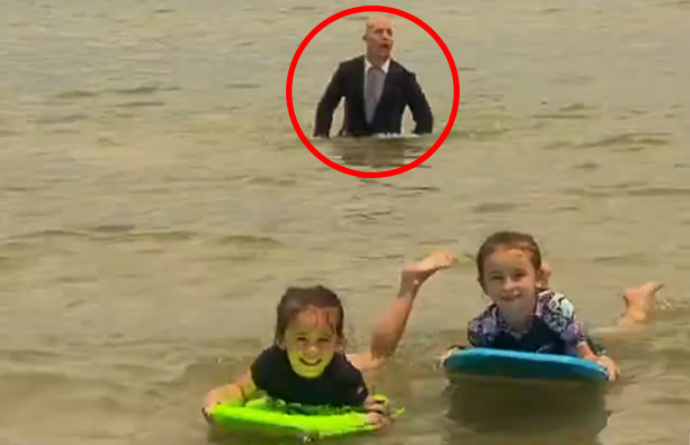Article image for Swimming TV journalist reveals cheeky motive behind mid-report shenanigans