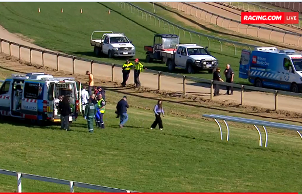 Article image for Horror fall: Race meeting cancelled after four jockeys go down