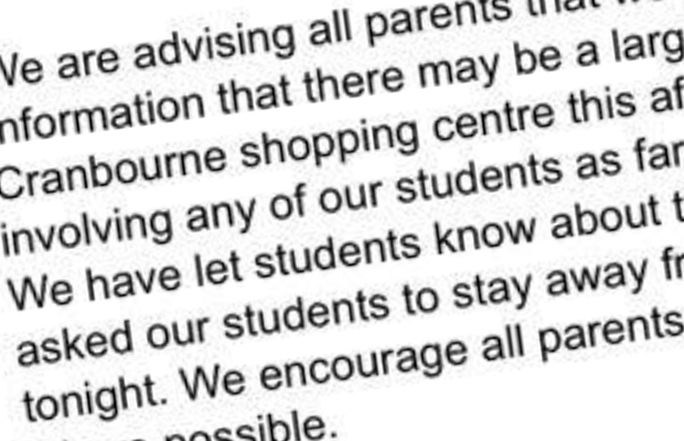 Article image for Parents sent warning message from school about ‘large fight’ planned at shopping centre