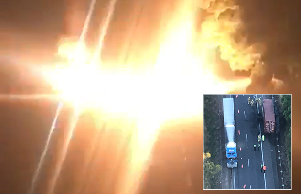 Article image for Video: Explosions as truck bursts into flames, shuts down Hume Fwy