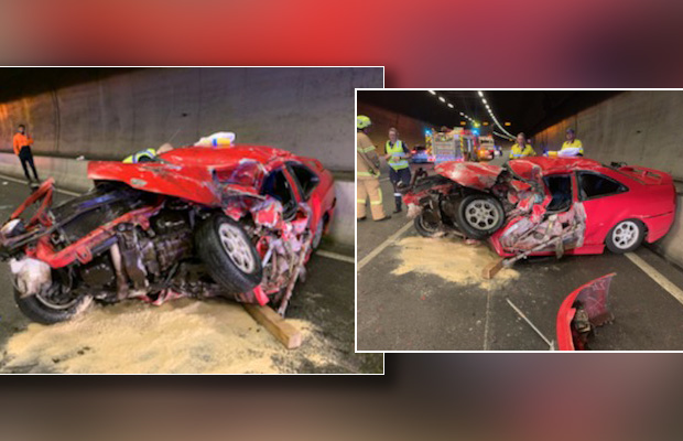 Article image for Mangled mess: Car flips in shocking Burnley Tunnel smash