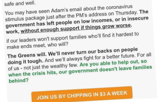 Article image for Greens slammed for using coronavirus pandemic as ‘fundraising tool’