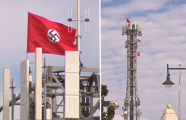 Article image for Nazi and Chinese flags with ‘COVID-19’ writing hung from phone tower