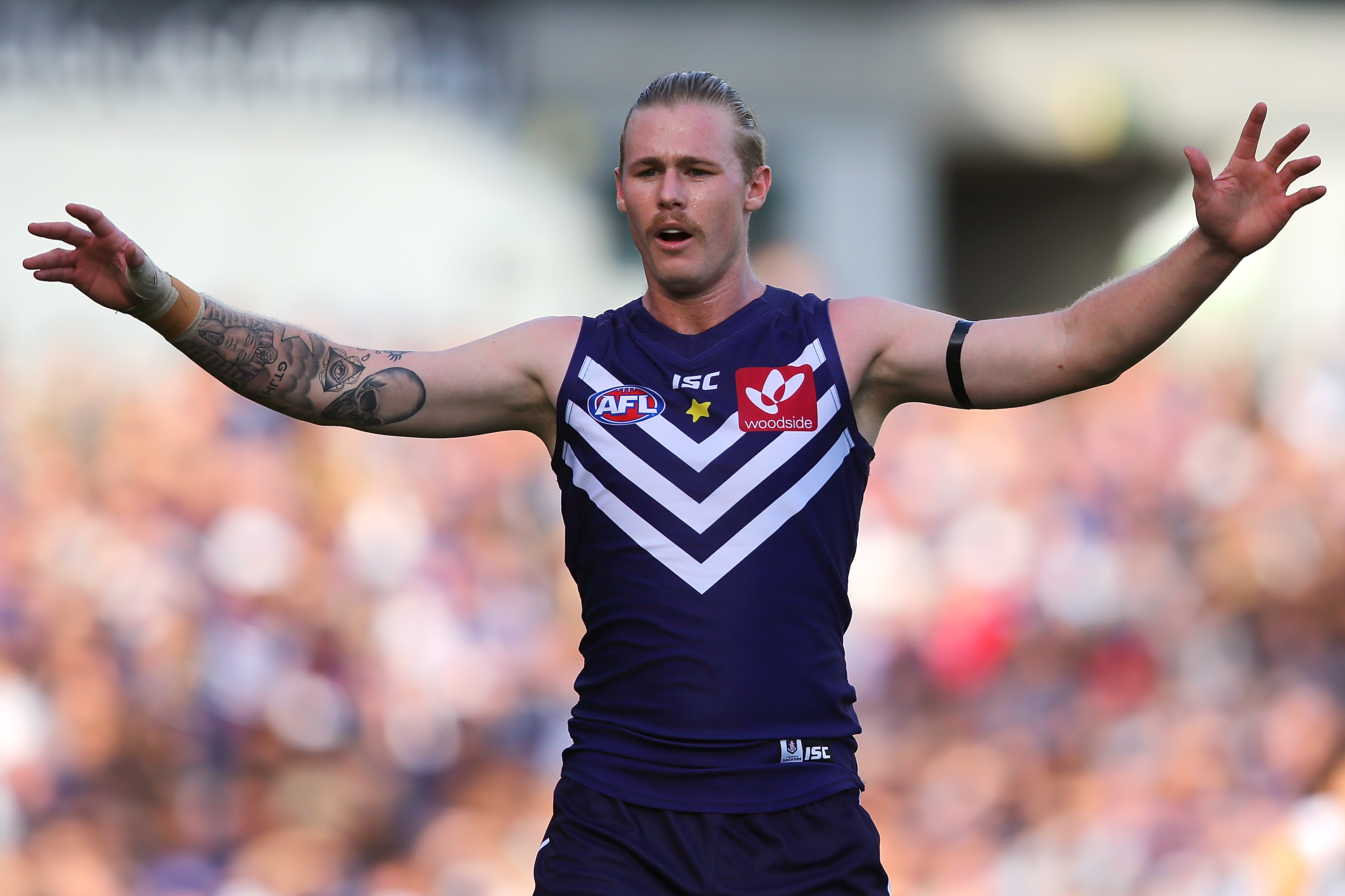 Article image for Fremantle forward Cam McCarthy in hospital after collapsing at training