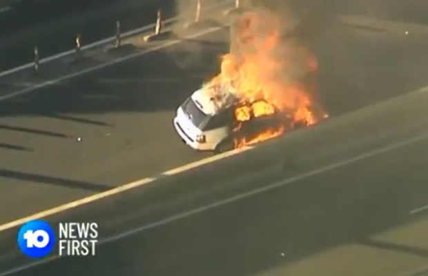Article image for Dramatic scenes as Range Rover bursts into flames on West Gate Freeway