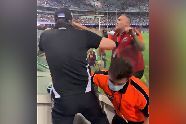 Article image for Angry Collingwood fan goes after umpires at Marvel Stadium