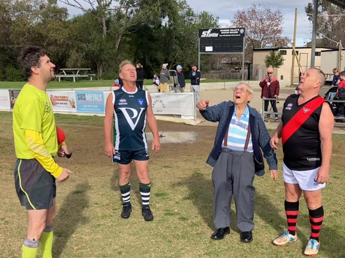 Article image for What a moment! 90-year-old dad tosses coin at sons’ football game