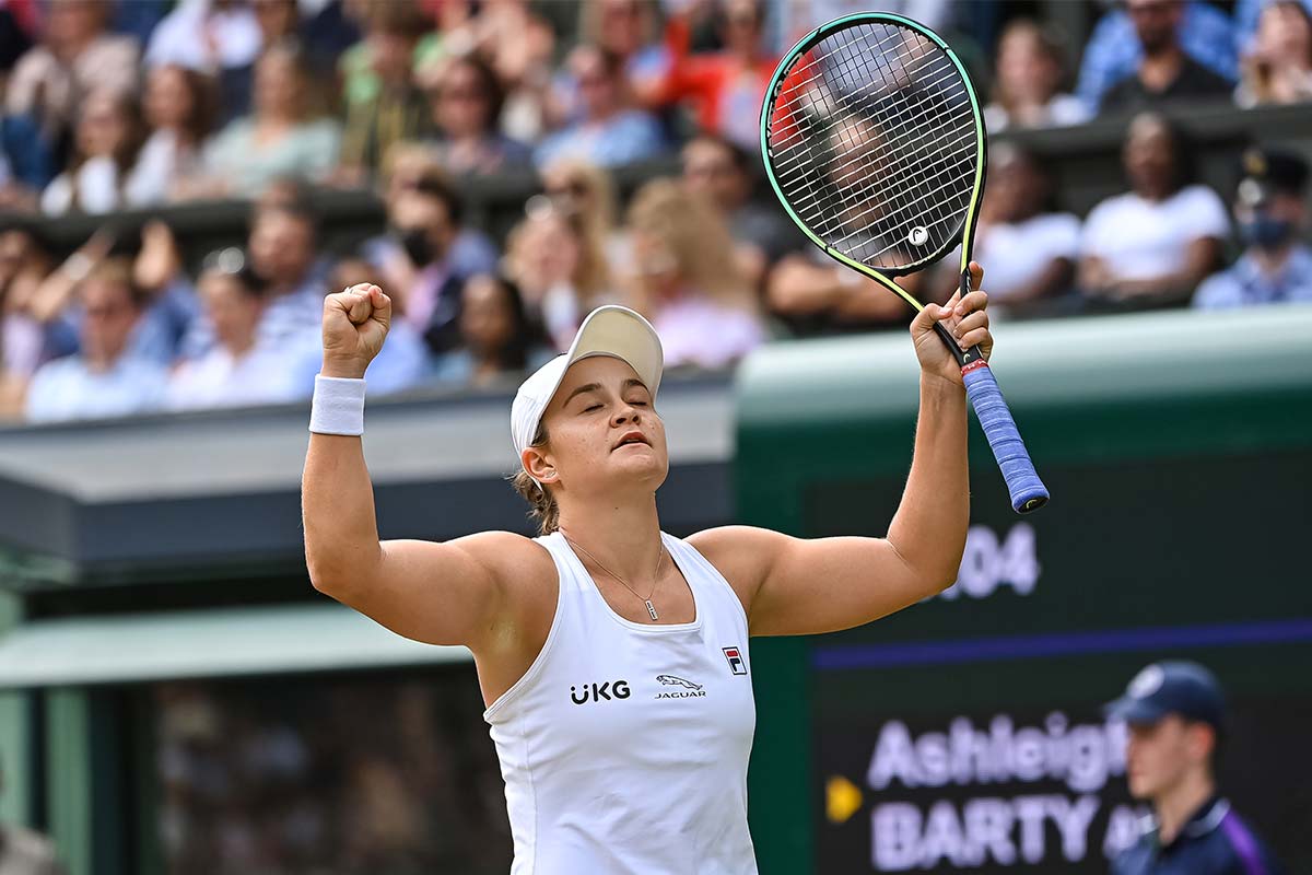 Ash Barty celebrates her win against Angelique Kerber at Wimbledon