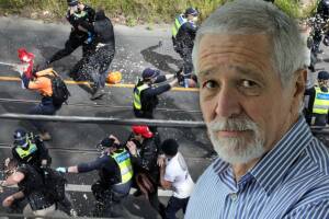 Protesters clash with police + Neil Mitchell image overlayed