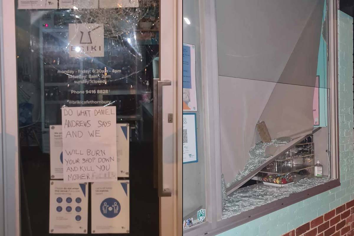 Article image for Anti-vax vandals smash glass and leave death threat at a Thornbury cafe