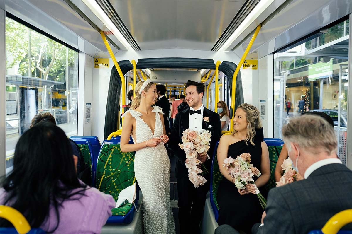 Article image for ‘Didn’t think twice’: Couple jump on a tram to get to their wedding on time