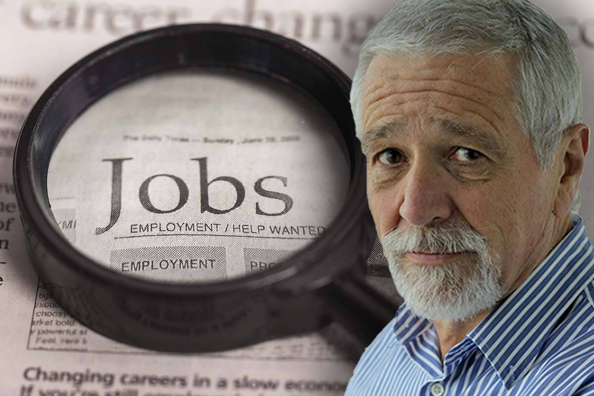 A magnifying glass over the word 'jobs' in a newspaper, and Neil Mitchell