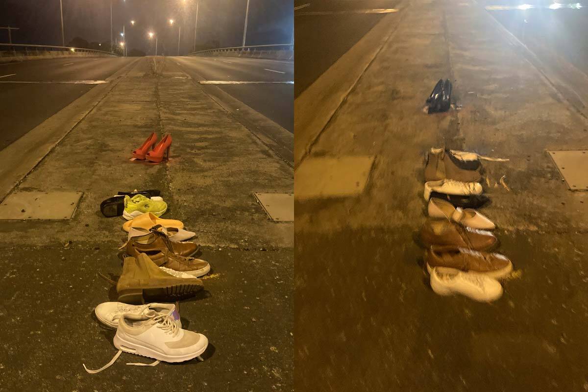 Article image for Where the curious collection of shoes on a Geelong median strip is coming from