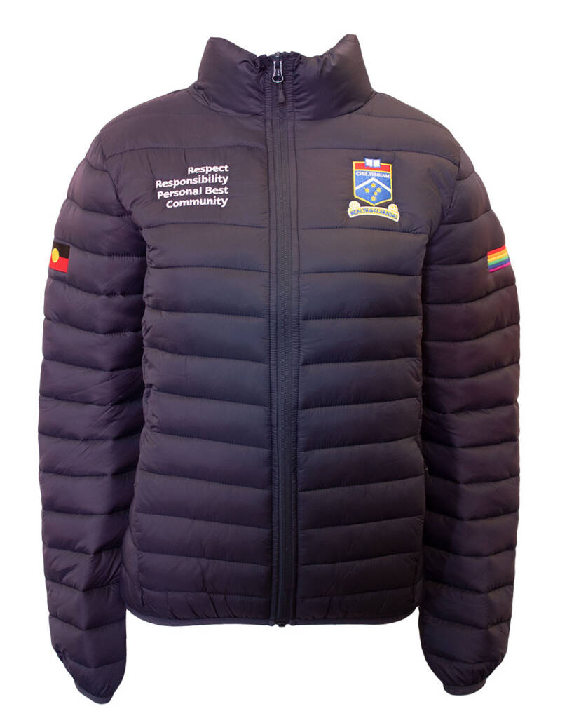Cheltenham Secondary navy puffer jacket with Indigenous flag and gay pride flag