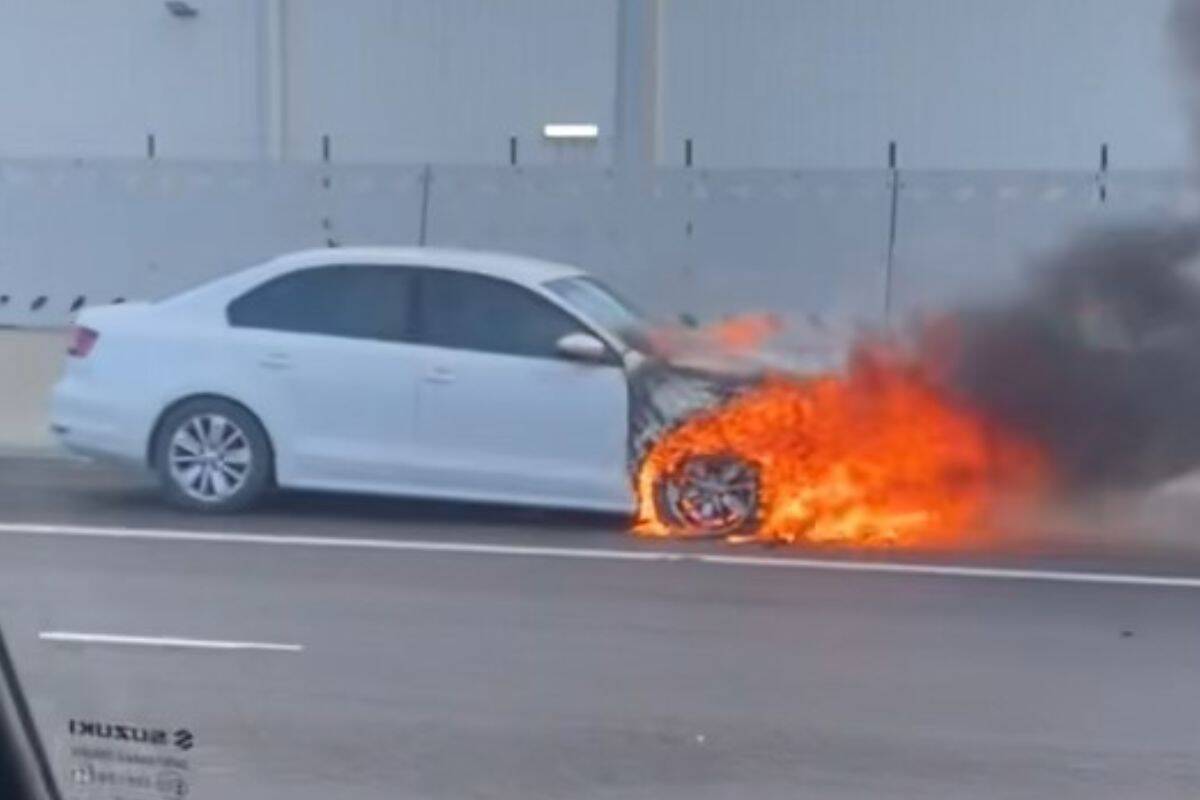Article image for Car erupts in flames on the West Gate Freeway