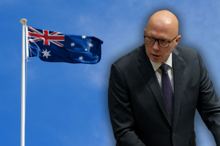 Peter Dutton explains decision to only stand in front of Australian flag if elected Prime Minister