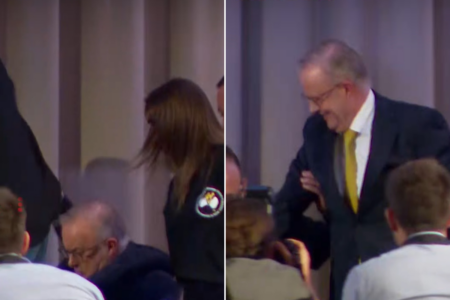 Anthony Albanese stumbles off stage while speaking to Mining and Energy Union members
