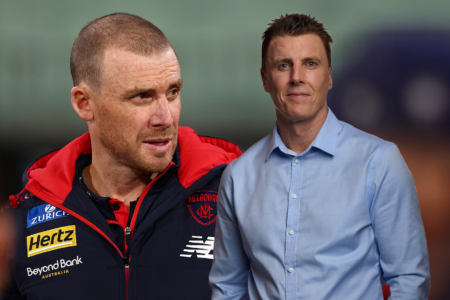 Simon Goodwin’s future at Melbourne is a ’50-50′ according to Matthew Lloyd