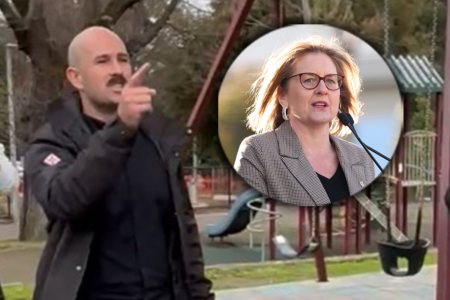 ‘Pretty rattling’: Premier Jacinta Allan’s press conference interrupted by neo-Nazi