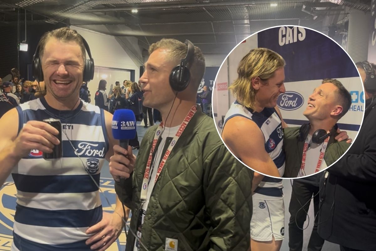 Article image for Joel Selwood roams the Geelong rooms after Mark Blicavs’ 300th!