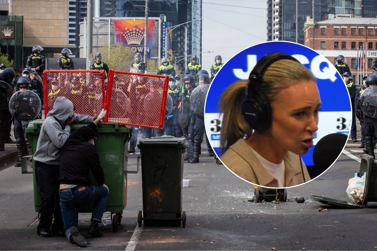 Article image for Jacqui Felgate clashes with anti-war protester over violence at Land Forces expo